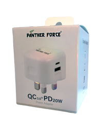 PF267-Panther Force 20W Plug with USB-A & Type-C (Straight Pin, White): Fast and Reliable Dual-Port Charging