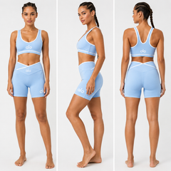 Women's Cross-Waist Activewear Set | Sports Bra & Biker Shorts | Beige, Blue, Yellow & Pink