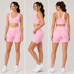 Women's Cross-Waist Activewear Set | Sports Bra & Biker Shorts | Beige, Blue, Yellow & Pink