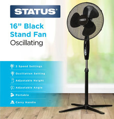 Status 16” Oscillating Pedestal Fan – 3 Speed Adjustable Stand Fan | Black & White