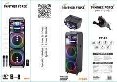 PF145-Panther Force Super Power Party Speaker – Dual 12” Bass, RGB Lights, Wireless Mic, Bluetooth, USB/TF, FM Radio & Remote Control