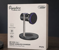 PF216-Signature 3-in-1 Smart Wireless Charger – 25W Fast Charging | Magnetic Stand | Silent Cooling Fan | Phone, Watch & Earbuds