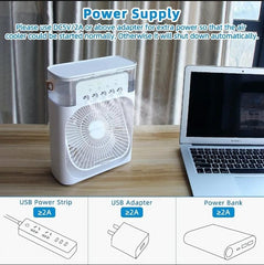 Portable Air Cooling Fan with Mist Spray & Humidifier – 10W USB Type-C, 3 Speeds, LED Bed Light