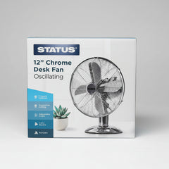 Status 12” Oscillating Chrome Desk Fan – 3 Speed Portable Metal Cooling Fan with Adjustable Tilt