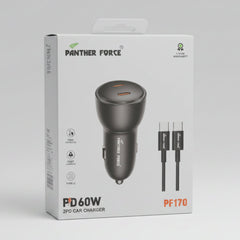 PF170-Panther Force Dual USB-C Car Charger – 60W PD Fast Charging | Compact Car Adapter