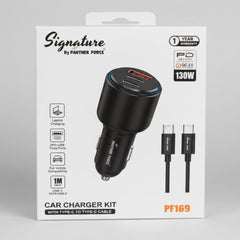 PF169-Signature 130W Car Charger Kit – Dual PD + QC 3.0 Fast Charging | 3 Ports | USB-C Cable Included