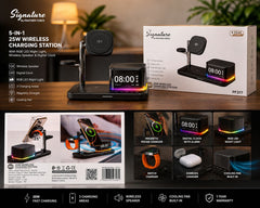 PF317-Signature 5-in-1 25W Wireless Charging Station with RGB Light, Speaker & Digital Clock