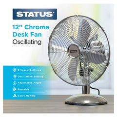 Status 12” Oscillating Chrome Desk Fan – 3 Speed Portable Metal Cooling Fan with Adjustable Tilt