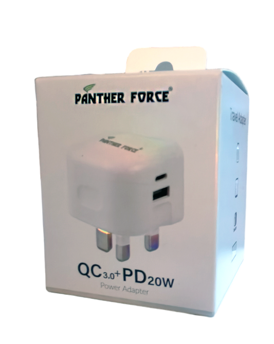 PF267-Panther Force 20W Plug with USB-A & Type-C (Straight Pin, White): Fast and Reliable Dual-Port Charging