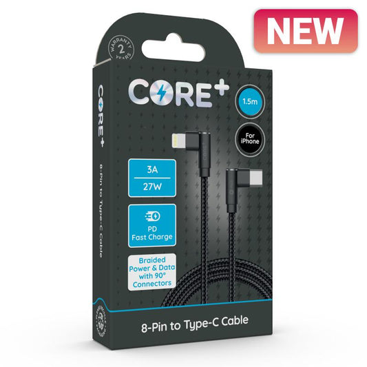 CORE+ 8-Pin & Type-C 90° Braided Cable 1.5M 27W/60W PD Fast Charging