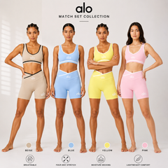 Women's Cross-Waist Activewear Set | Sports Bra & Biker Shorts | Beige, Blue, Yellow & Pink
