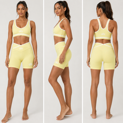 Women's Cross-Waist Activewear Set | Sports Bra & Biker Shorts | Beige, Blue, Yellow & Pink