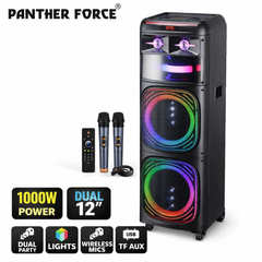 PF145-Panther Force Super Power Party Speaker – Dual 12” Bass, RGB Lights, Wireless Mic, Bluetooth, USB/TF, FM Radio &amp; Remote Control