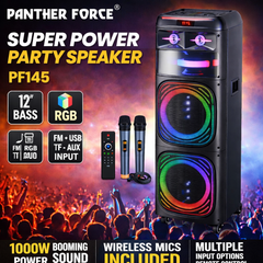 PF145-Panther Force Super Power Party Speaker – Dual 12” Bass, RGB Lights, Wireless Mic, Bluetooth, USB/TF, FM Radio &amp; Remote Control