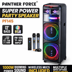 PF145-Panther Force Super Power Party Speaker – Dual 12” Bass, RGB Lights, Wireless Mic, Bluetooth, USB/TF, FM Radio &amp; Remote Control