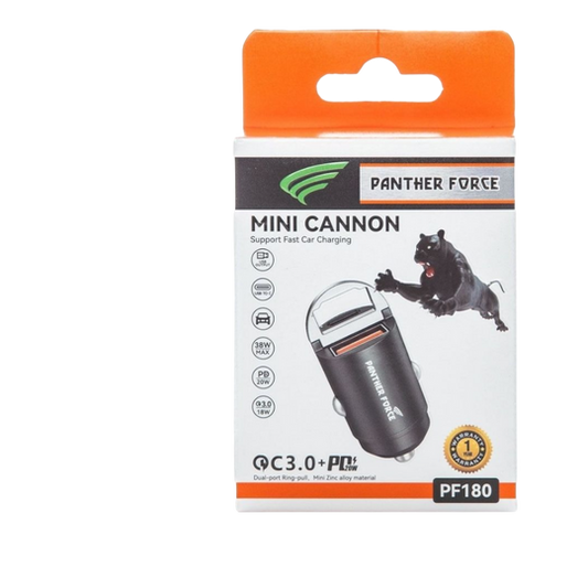 PF180- Panther Force Mini Canon 20W Car Charger - Dual Port (Type-C + USB-A) for Fast Charging On-the-Go (Black)