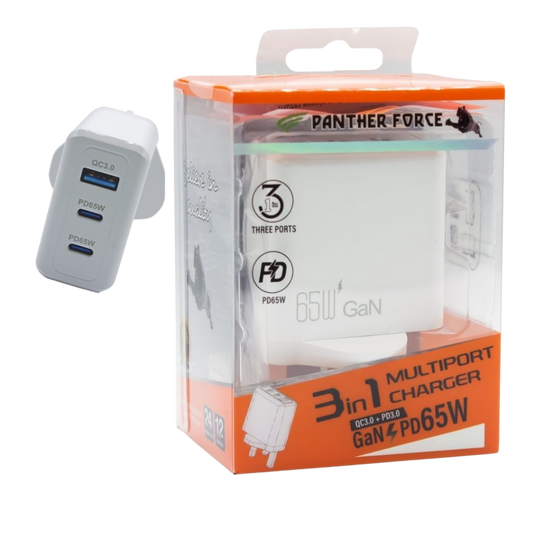 PF193- Pather Force 65W Plug with 2 USB-C Ports & 1 USB-A Port - White | Fast Charging Adapter for Laptops, Smartphones, Tablets