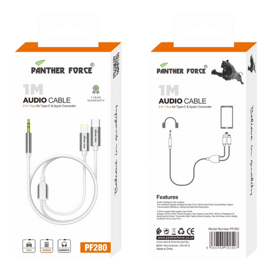 PF280-Panther Force 1M 2-in-1 AUX Audio Cable - Type-C & Apple to 3.5mm (White, High-Quality, Durable & Portable)