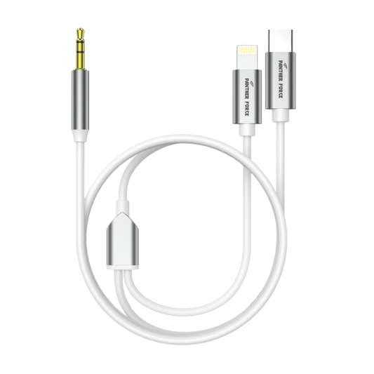 PF280-Panther Force 1M 2-in-1 AUX Audio Cable - Type-C & Apple to 3.5mm (White, High-Quality, Durable & Portable)