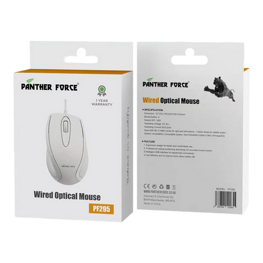 PF295 - Panther Force Wired Optical Mouse | High-Precision Tracking, Ergonomic Design, Durable Build, Plug-and-Play Simplicity (White)