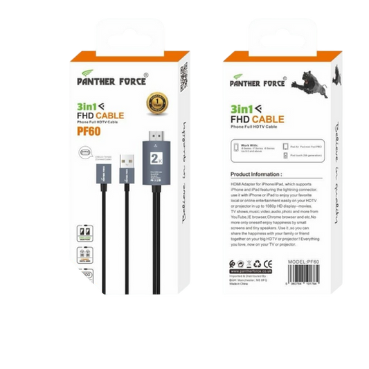 PF60- Panther Force 3-in-1 FHD Cable – Extended Length for Convenient Charging & Syncing