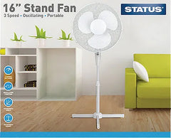 Status 16” Oscillating Pedestal Fan – 3 Speed Adjustable Stand Fan | Black & White