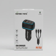PF157-Panther Force  90W Car Charger – USB-A + USB-C Fast Charging | 3-in-1 Cable | LED Light
