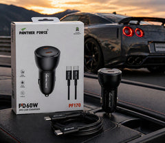 PF170-Panther Force Dual USB-C Car Charger – 60W PD Fast Charging | Compact Car Adapter