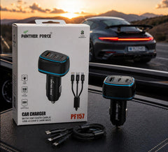 PF157-Panther Force  90W Car Charger – USB-A + USB-C Fast Charging | 3-in-1 Cable | LED Light
