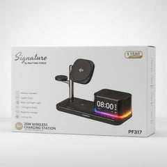 PF317-Signature 5-in-1 25W Wireless Charging Station with RGB Light, Speaker & Digital Clock