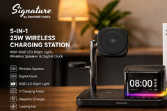 PF317-Signature 5-in-1 25W Wireless Charging Station with RGB Light, Speaker & Digital Clock