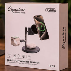 PF35-Signature 4-in-1 Night Light Wireless Charger – 15W Fast Charging Stand | Phone, Watch & Earbuds | LED Lamp