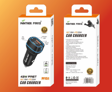 PF151-Panther Force 18W Type-C Dual Car Charger - Fast Charging for Two Devices On-the-Go (BLACK)