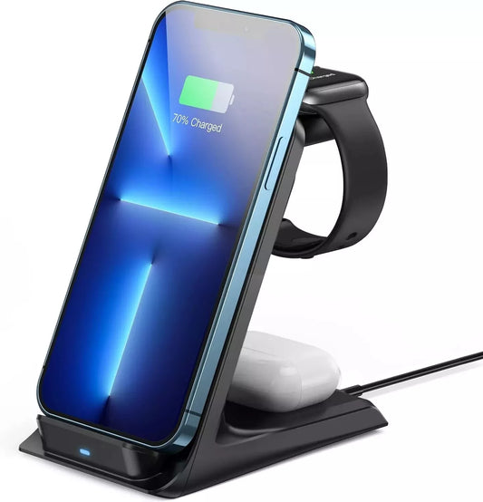 CORE+ 15W 3-in-1 Foldable Wireless Charging Station (Black) – Fast Charging for Phone, Watch, and Earphones | Travel-Friendly & Magnetic Case Compatible