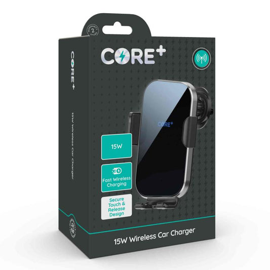 CORE+ Wireless Car Charger (Black, 15W) – Fast Charging with Car Vent Mount & Type-C Cable